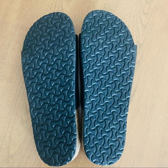 Twin Buckle Band Black Cork Sole Slide Sandals - Picture 9 of 10